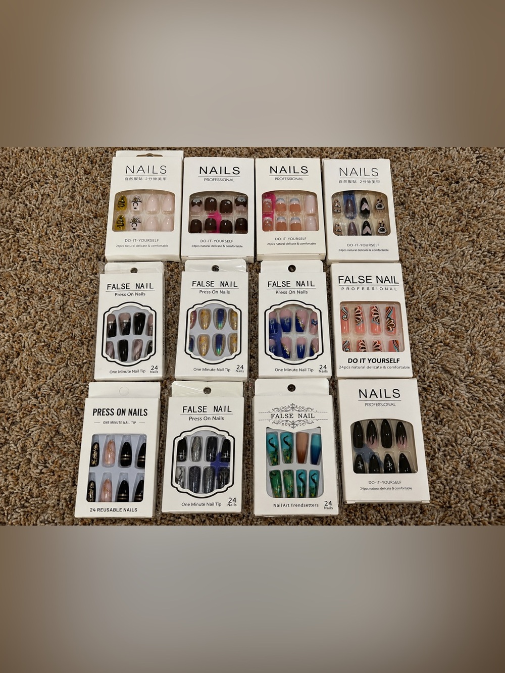 12 Sets Press-On Nails Lot – 24pc Each – New Assorted Designs